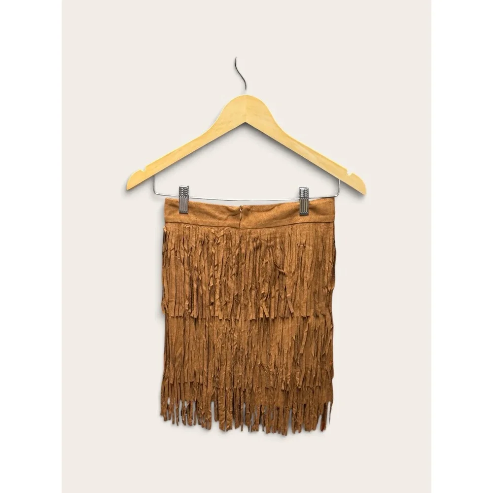 Neslay Design Brown Faux Suede Fringe Mini Skirt Western Boho Tan Small NWT